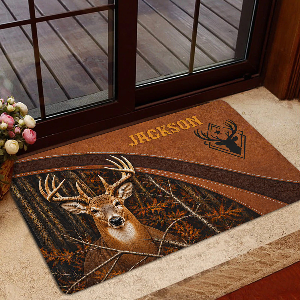 Hunting entryway mat featuring a detailed buck, woodland branches, and warm autumn colors