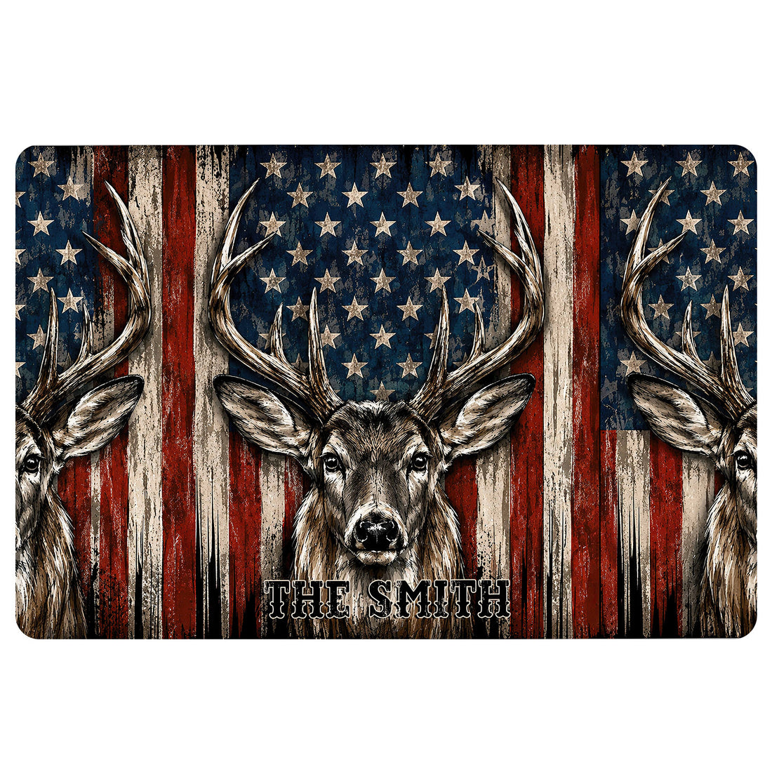 Hunting doormat featuring detailed deer antlers against a rustic American flag background