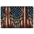 Hunting doormat featuring detailed deer antlers against a rustic American flag background