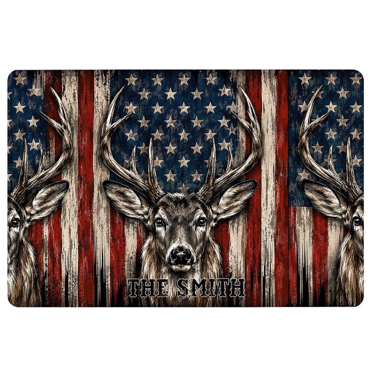 Hunting doormat featuring detailed deer antlers against a rustic American flag background
