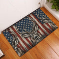 Deer hunting doormat displayed in an entryway on warm wood flooring