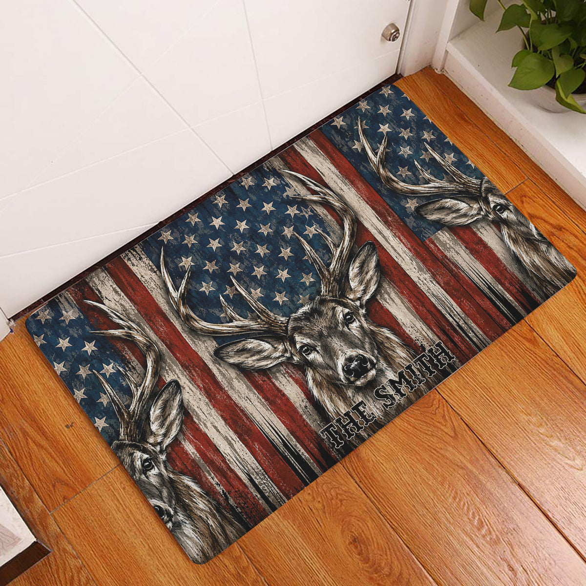 Deer hunting doormat displayed in an entryway on warm wood flooring