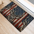 American flag deer hunting door mat placed beside a home entrance