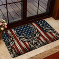 Deer hunting entryway mat styled near a glass door and indoor foyer
