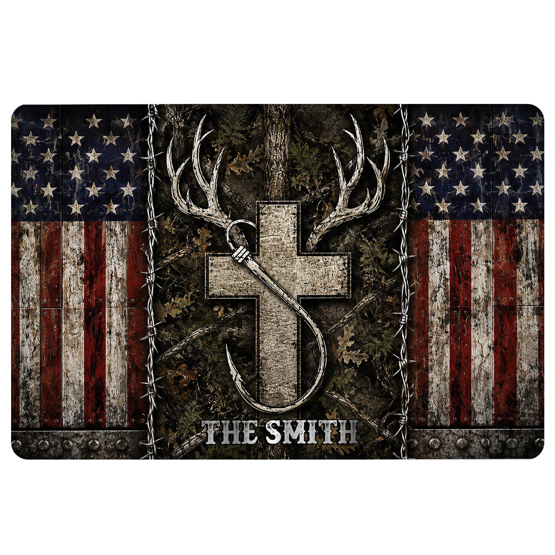 Hunting doormat with deer antlers, bow, rustic woodland artwork, distressed American flag border, and sample lettering