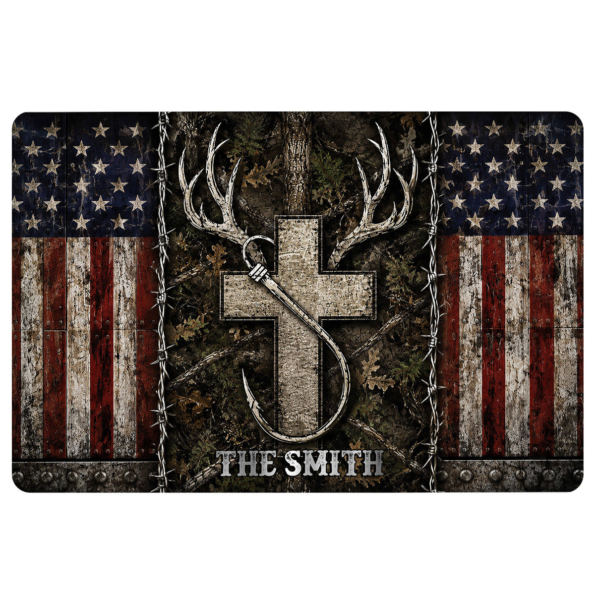 Hunting doormat with deer antlers, bow, rustic woodland artwork, distressed American flag border, and sample lettering