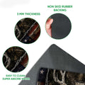 Close-up of hunting doormat artwork and dark backing detail showing the printed surface and underside
