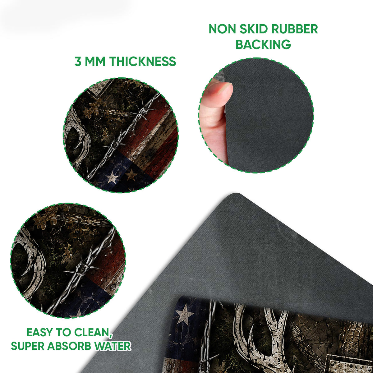 Close-up of hunting doormat artwork and dark backing detail showing the printed surface and underside