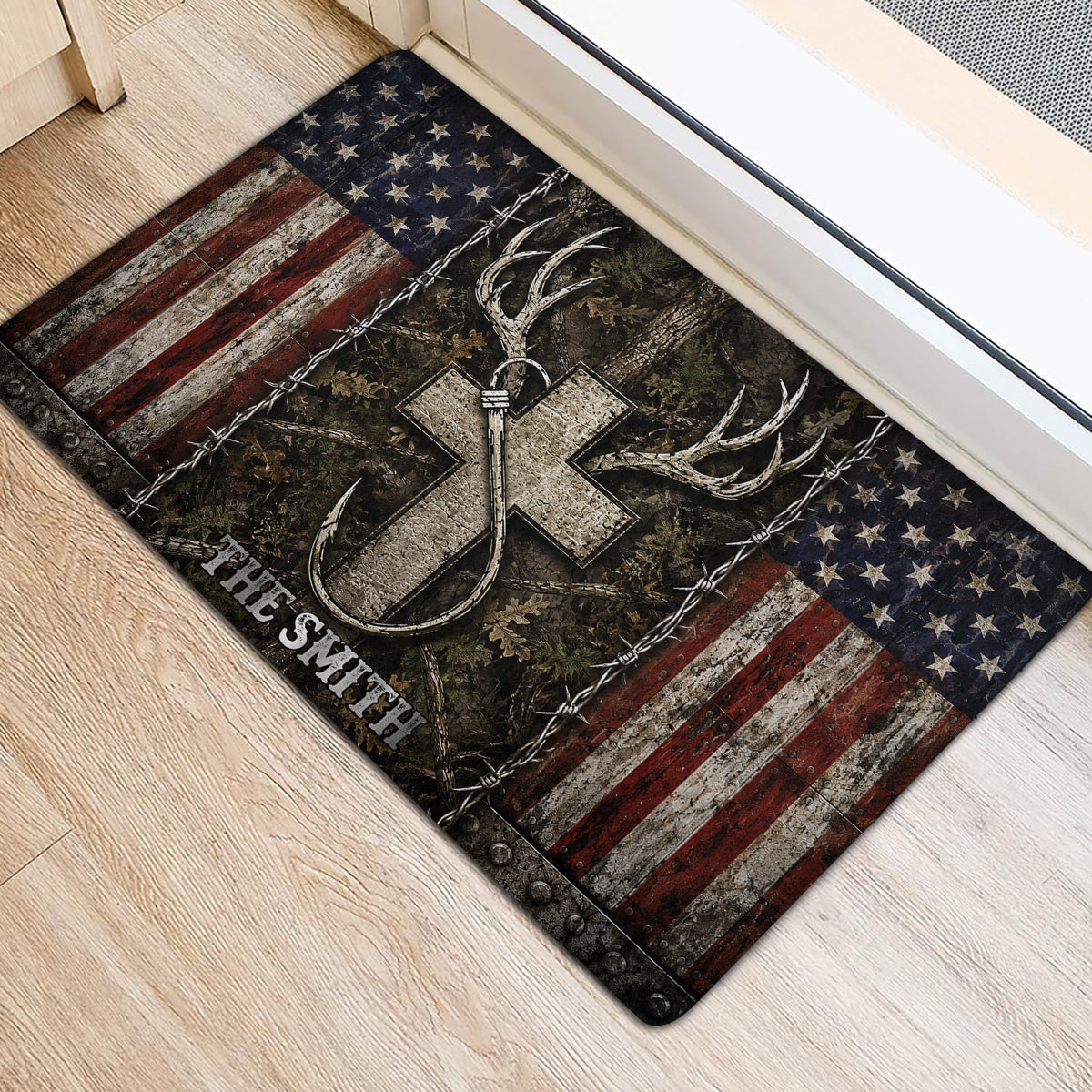 Hunting-themed door mat with antlers, bow, woodland artwork, and distressed flag details beside a doorway