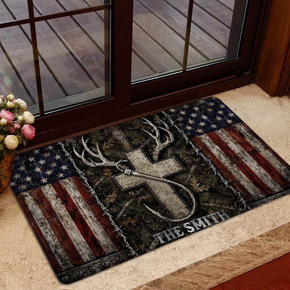 Rustic hunting entryway mat featuring deer antlers, a bow, woodland imagery, and a distressed American flag border