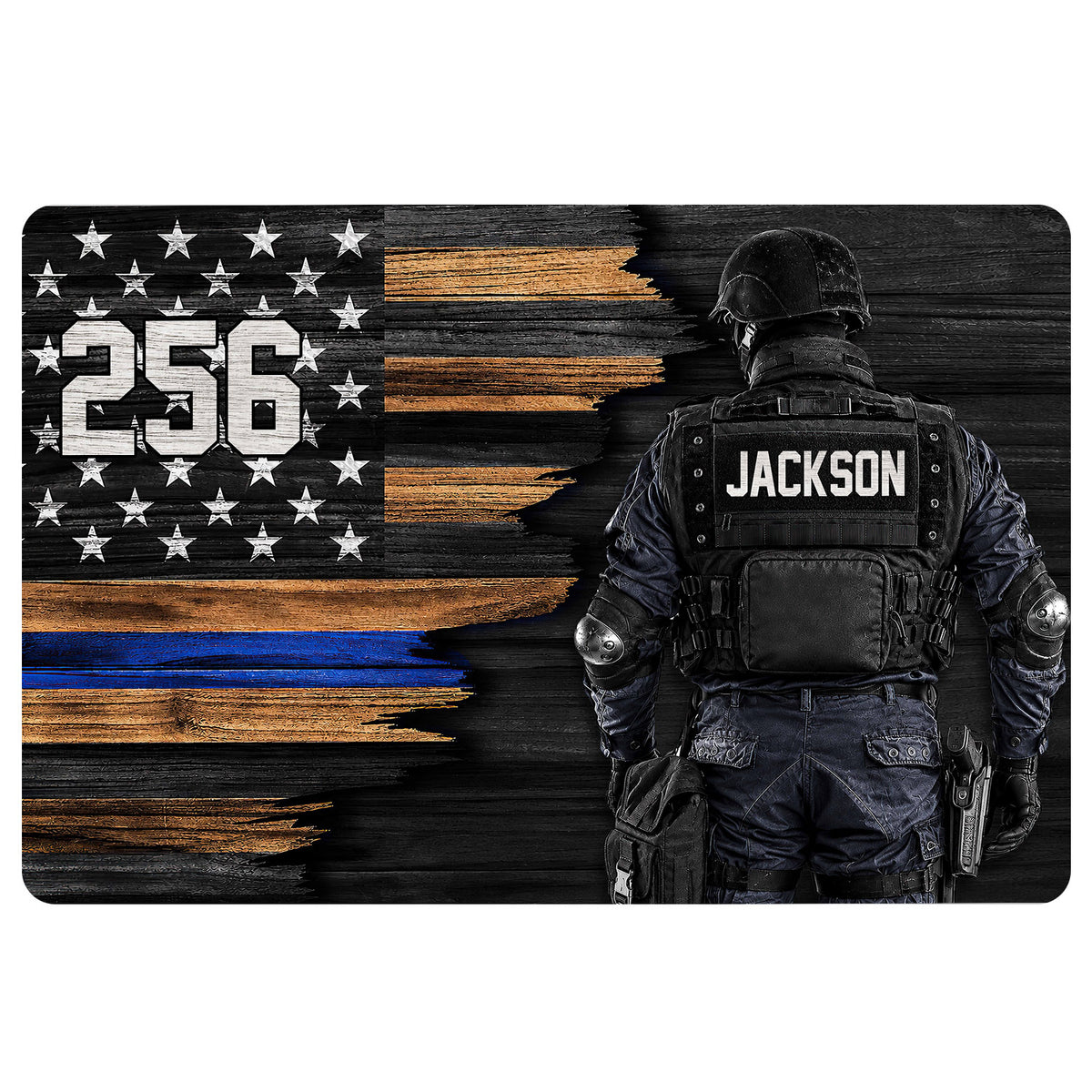Police doormat featuring a tactical law enforcement officer, stars, distressed flag stripes, and blue accent