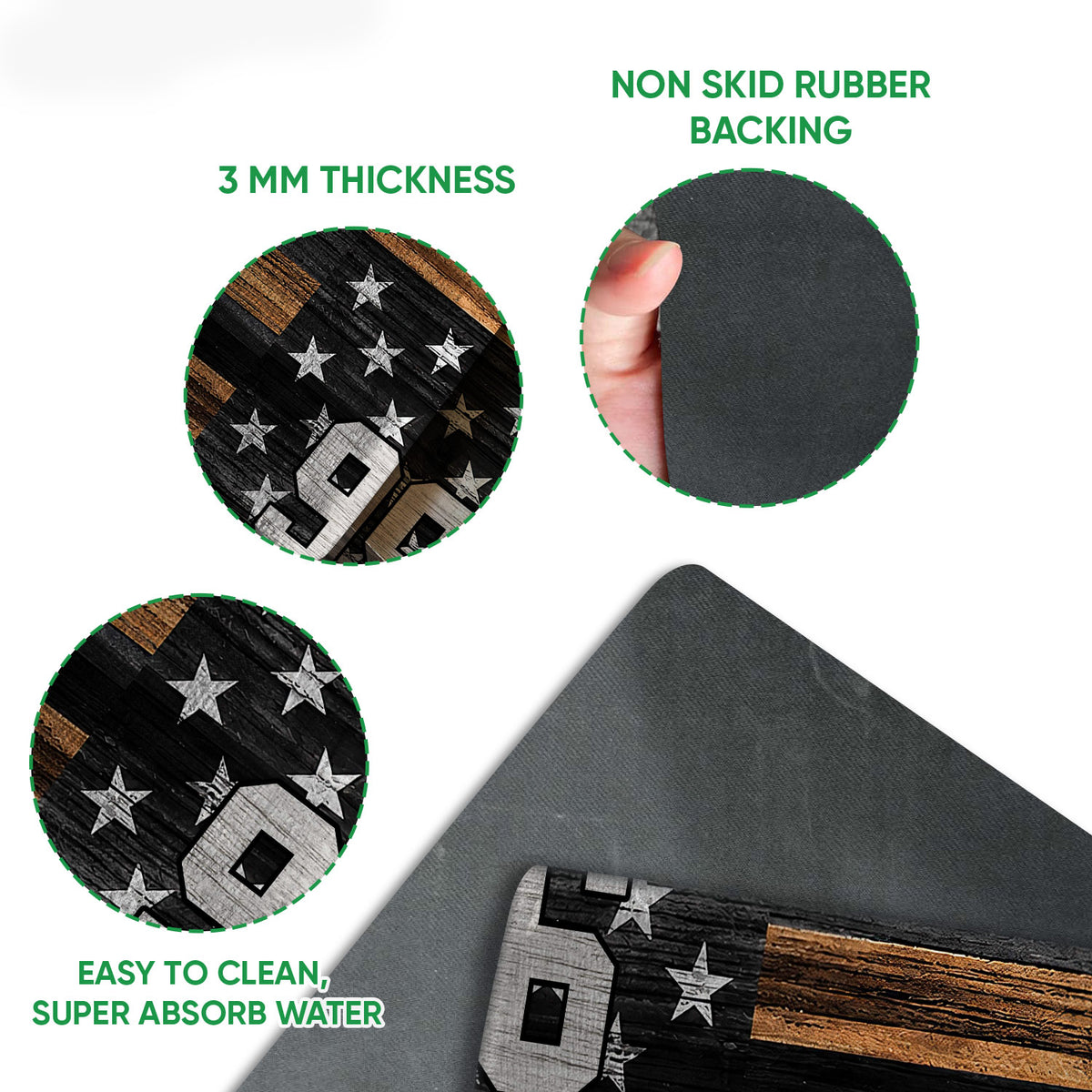 Close-up of police doormat artwork and black rubber backing showing thickness and traction-focused construction