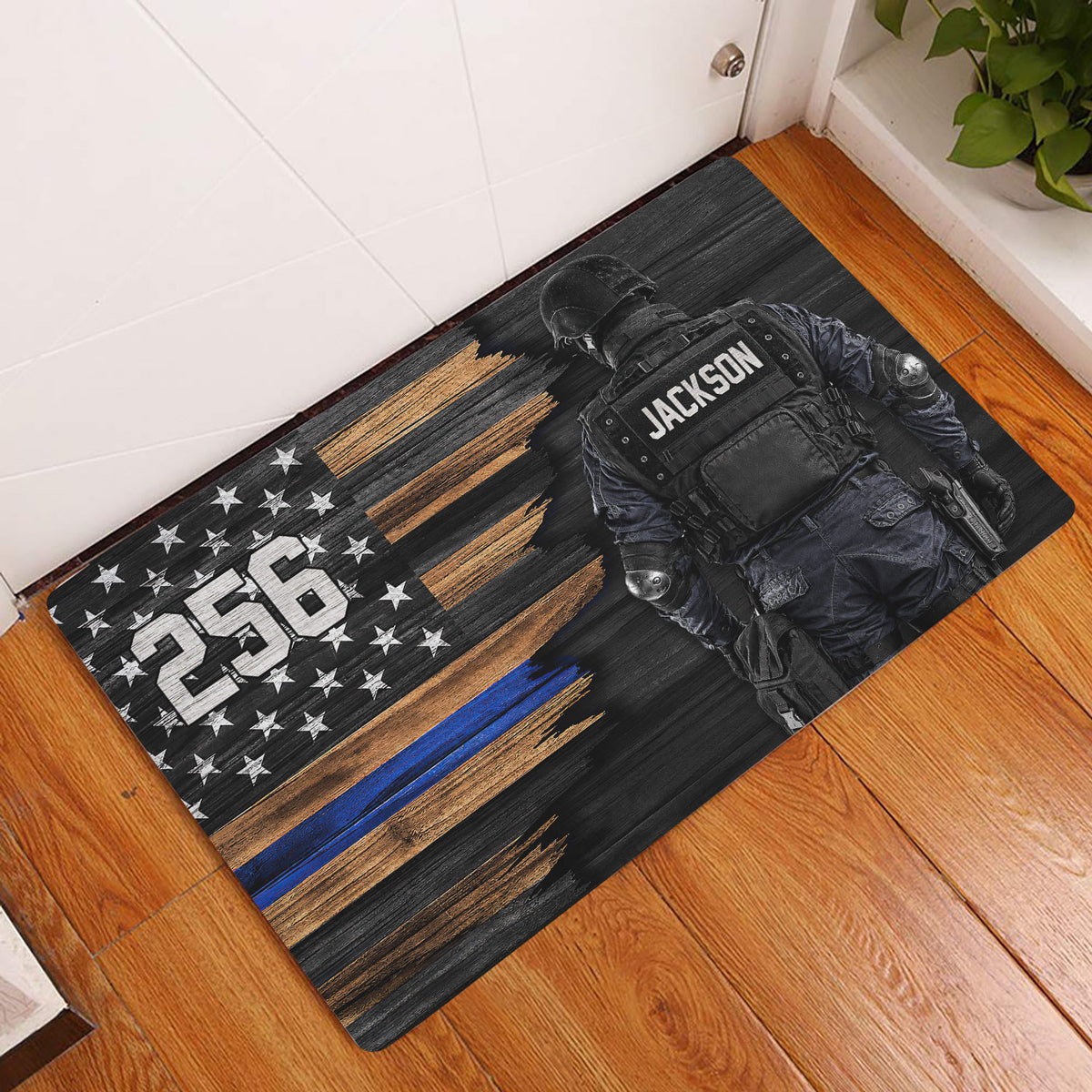 Police doormat displayed in a home entryway with a tactical officer, stars, and distressed patriotic stripes