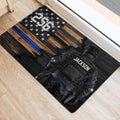 Police-themed entryway rug by a doorway featuring a tactical officer and bold blue and bronze distressed stripes