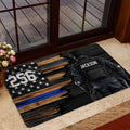 Police doormat staged near glass doors with a tactical officer, star pattern, and patriotic distressed stripe artwork