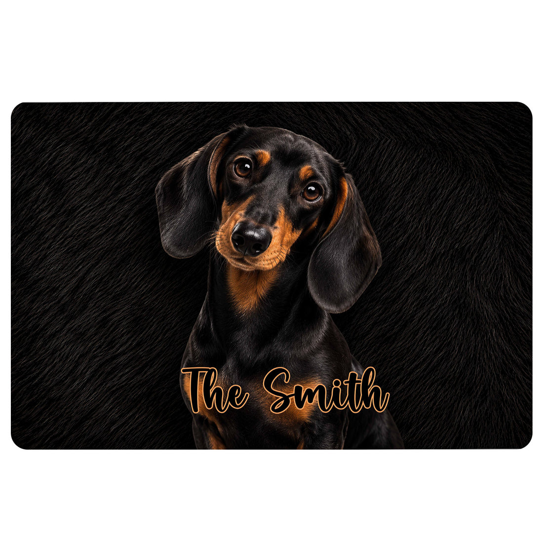 Black dachshund doormat featuring a realistic portrait and orange script accent on a dark background