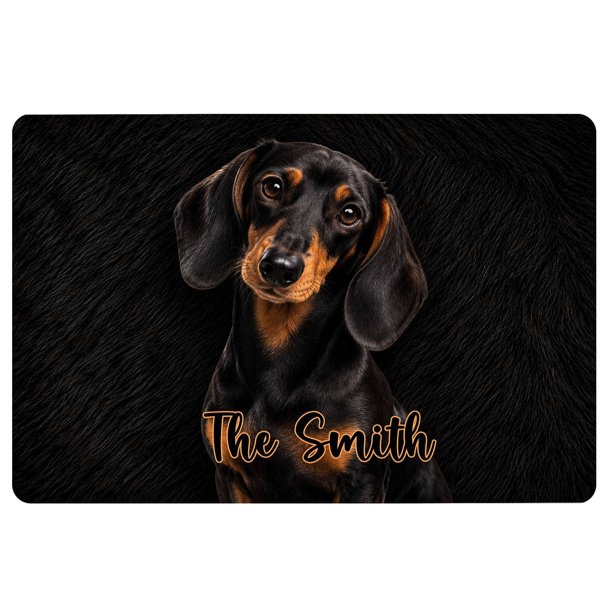 Black dachshund doormat featuring a realistic portrait and orange script accent on a dark background