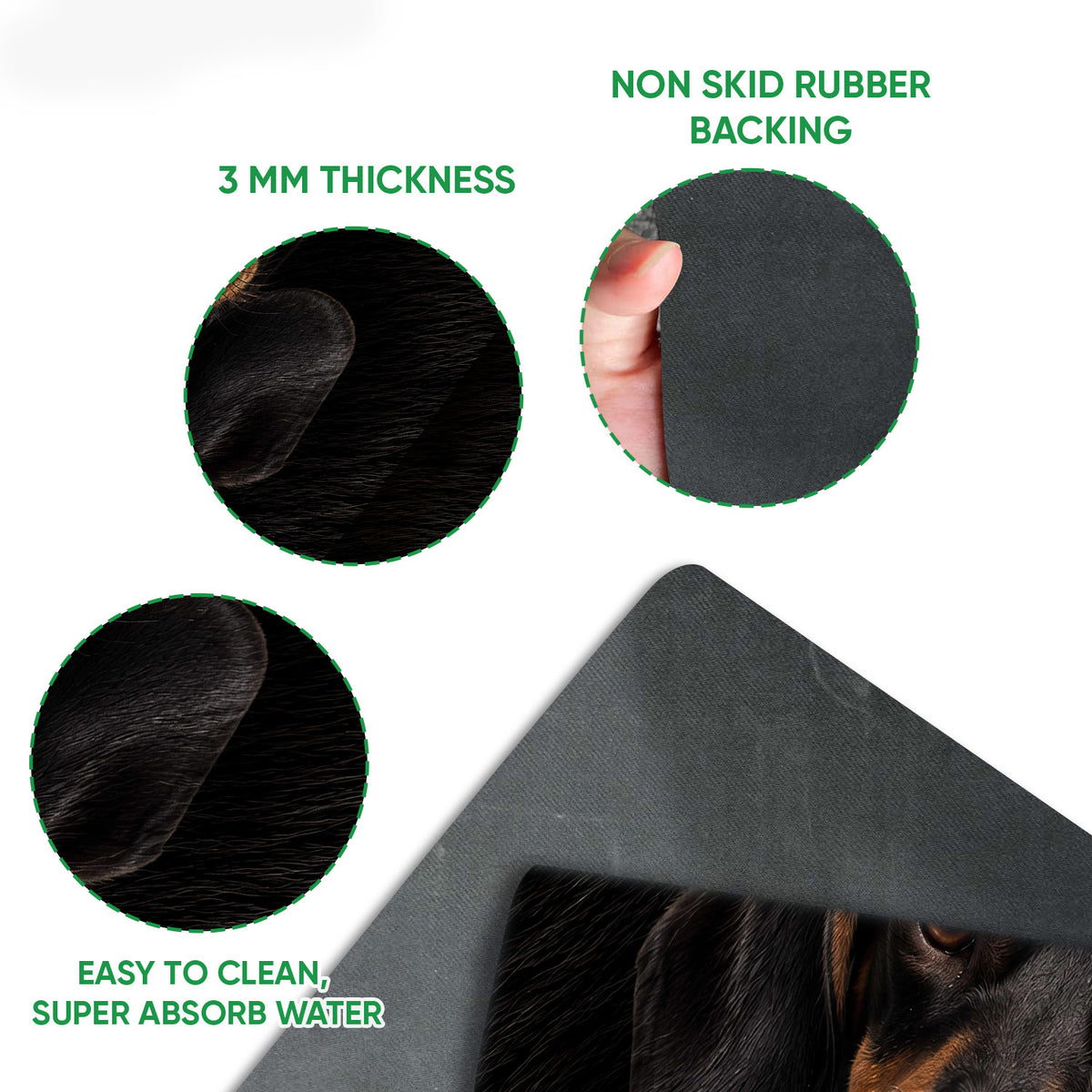 Close-up detail of the dachshund doormat showing the printed top surface and black rubber backing