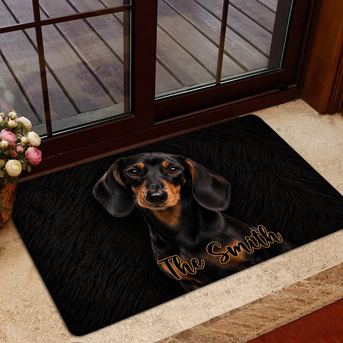 Dachshund entryway mat shown near a glass door with a dark realistic dog portrait
