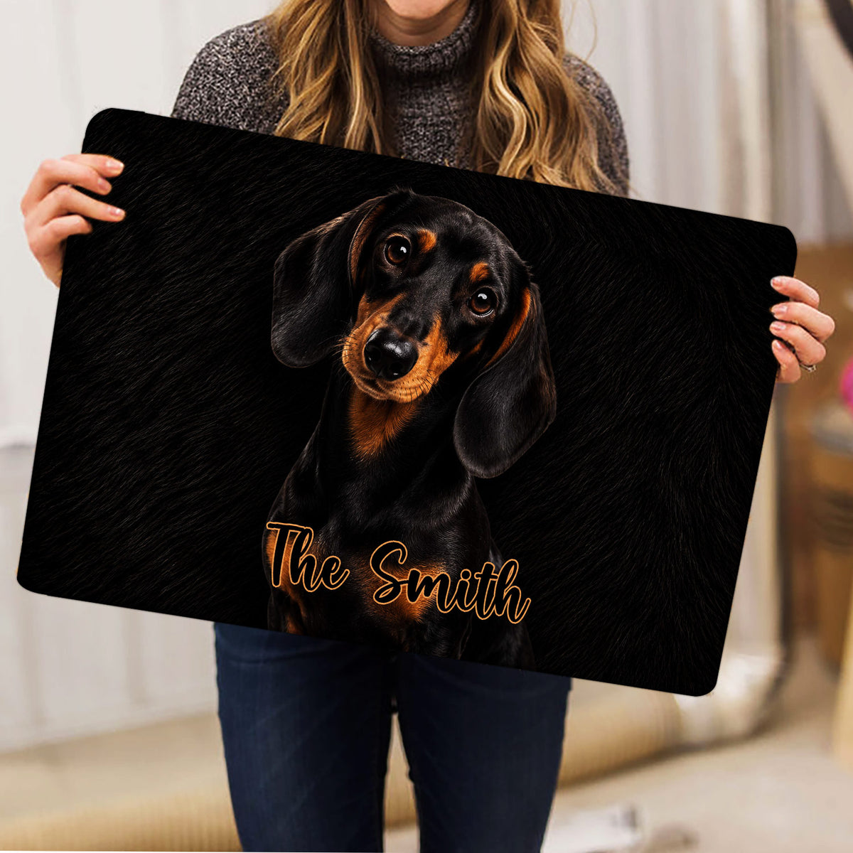 Dachshund doormat held indoors, showing the full black artwork and orange script accent