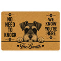 Tan Miniature Schnauzer doormat with illustrated dog portrait, paw prints and playful entryway message