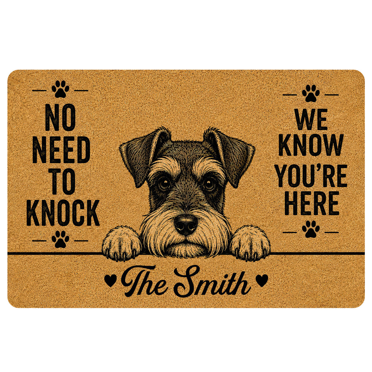 Tan Miniature Schnauzer doormat with illustrated dog portrait, paw prints and playful entryway message