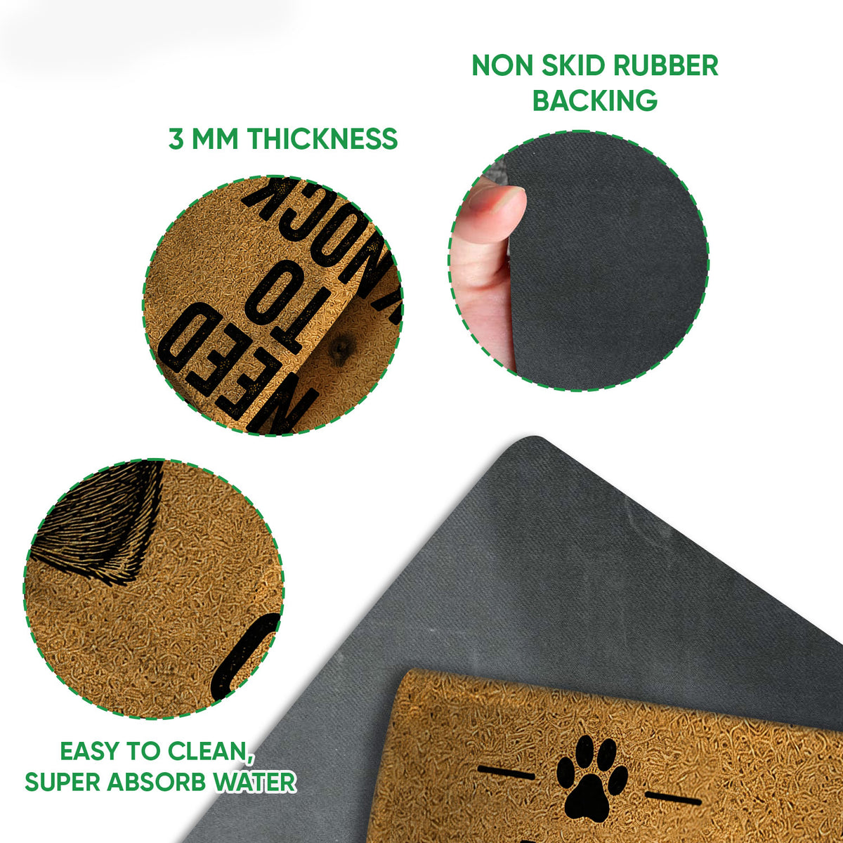 Close-up of Miniature Schnauzer doormat surface and dark rubber backing showing construction details