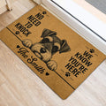 Illustrated Miniature Schnauzer entryway mat positioned near a doorway on light wood flooring