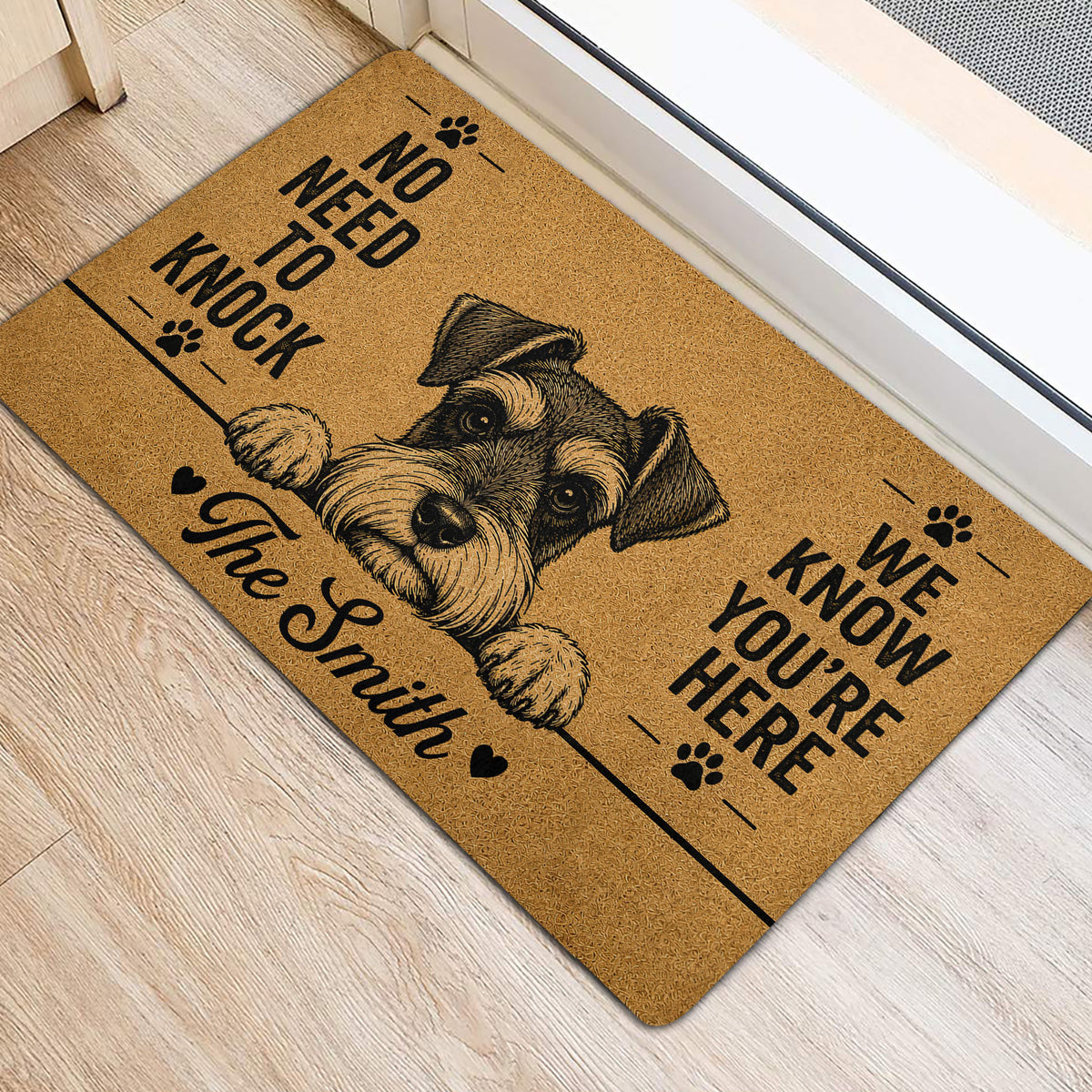 Illustrated Miniature Schnauzer entryway mat positioned near a doorway on light wood flooring