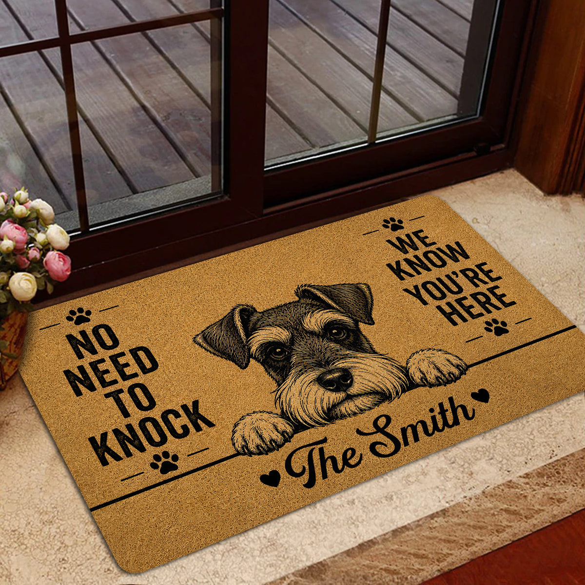 Miniature Schnauzer door mat styled inside a glass doorway with flowers and a welcoming home setting