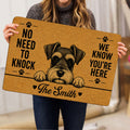 Person holding a tan Miniature Schnauzer doormat featuring a dog portrait, paw prints and bold lettering