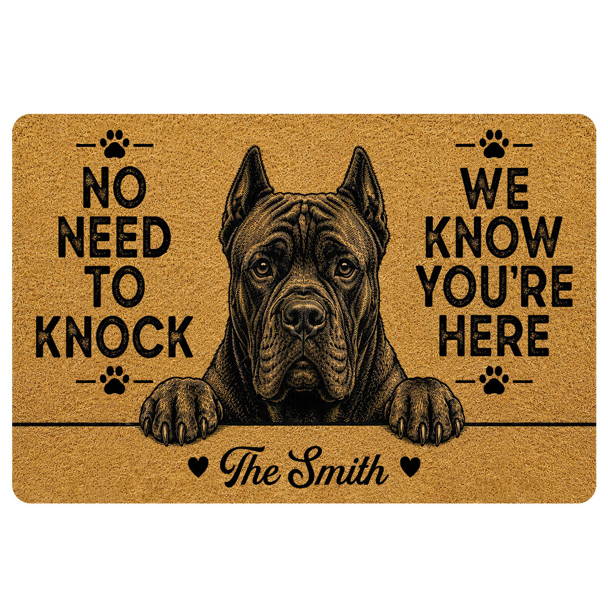 Tan Cane Corso doormat with black illustrated dog portrait, paw prints, bold entryway message, and decorative script