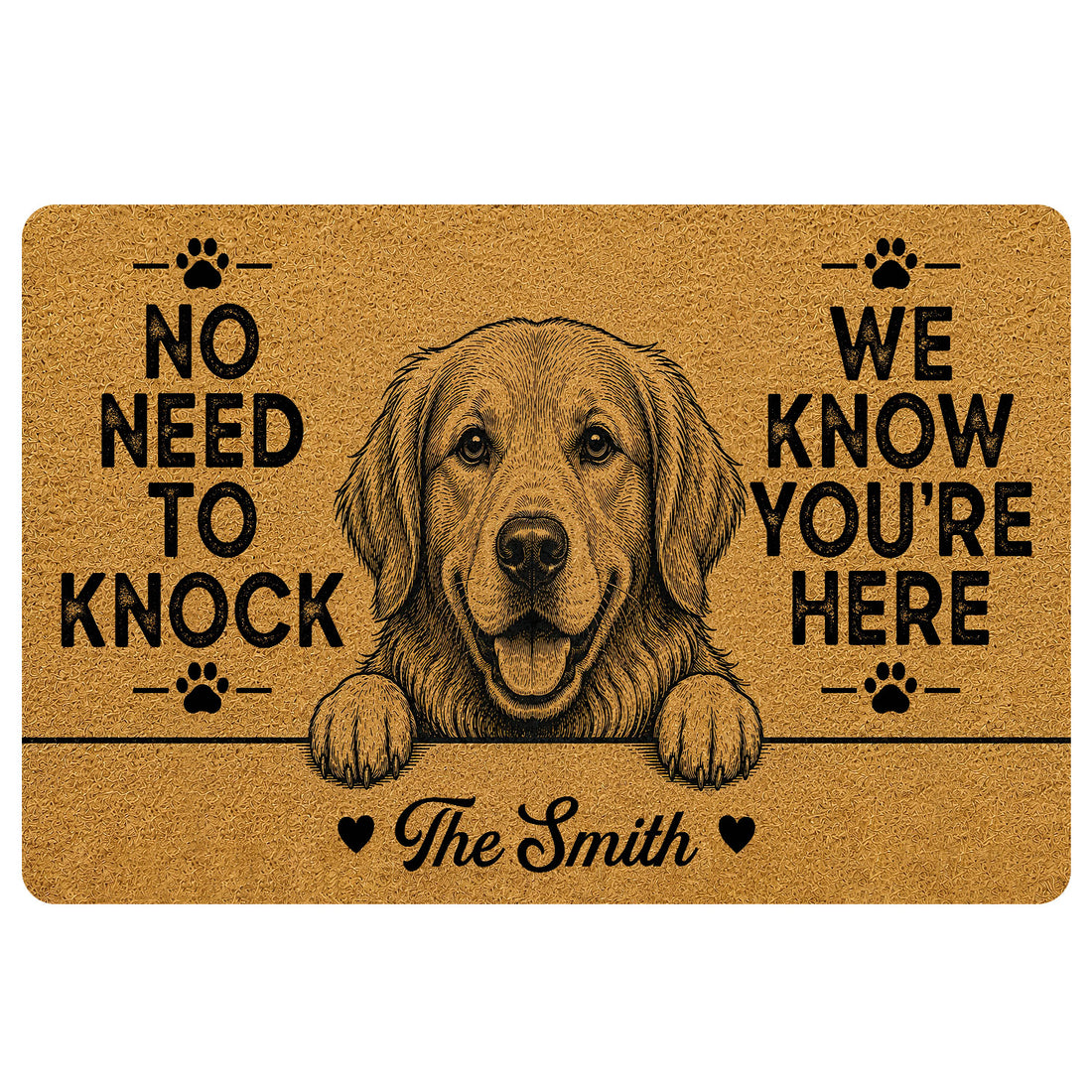 Golden Retriever doormat with paw prints, black lettering, and a warm brown vintage-style design