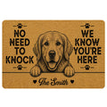 Golden Retriever doormat with paw prints, black lettering, and a warm brown vintage-style design