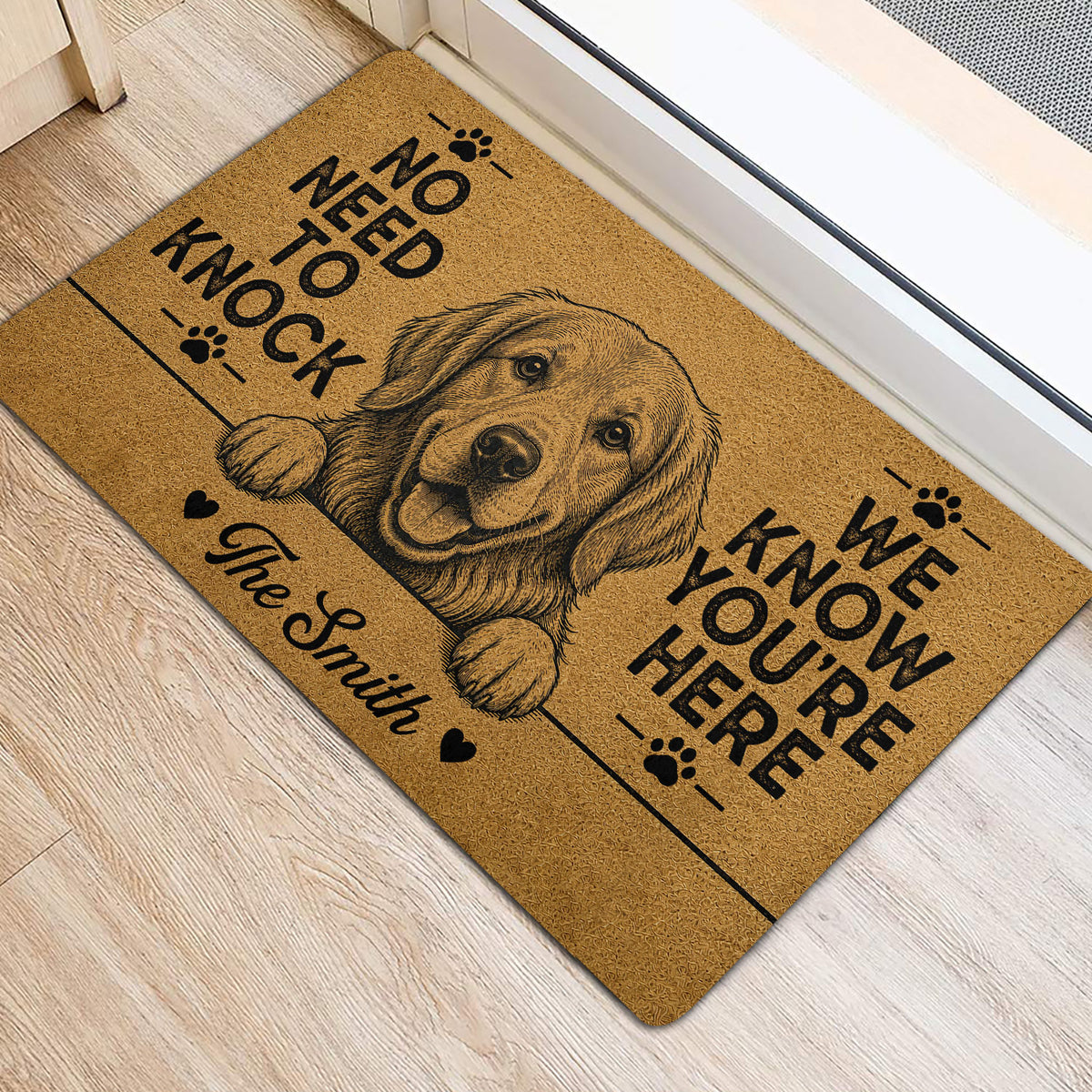 Golden Retriever door mat styled at an entrance with a centered dog portrait and paw print accents