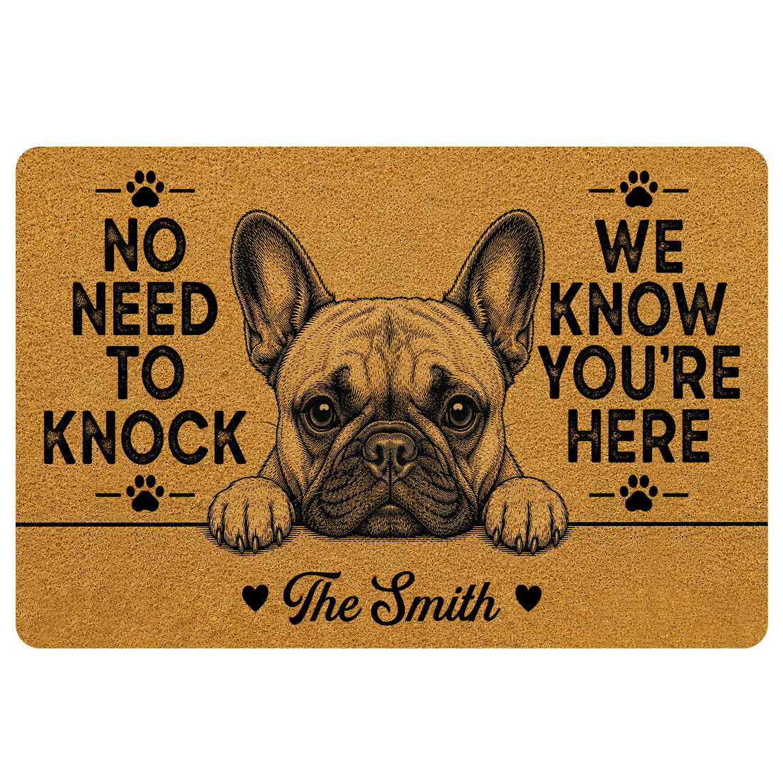 Tan French Bulldog doormat with black paw prints, humorous lettering, hearts, and a centered dog portrait
