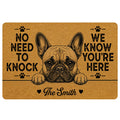 Tan French Bulldog doormat with black paw prints, humorous lettering, hearts, and a centered dog portrait