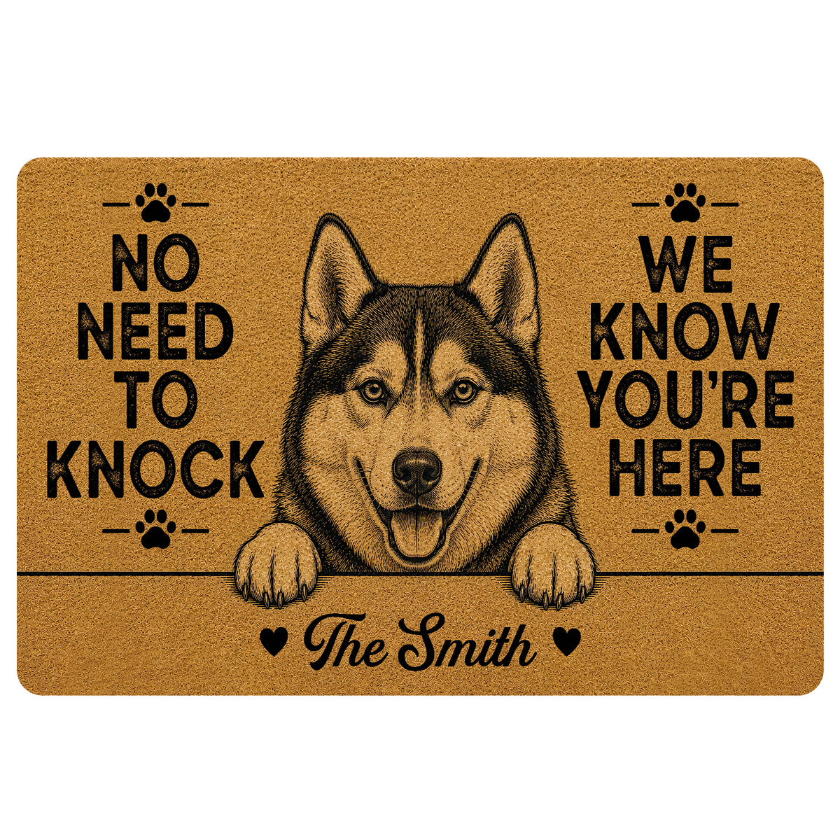 Tan husky doormat with paw prints, humorous welcome message, and a family name design
