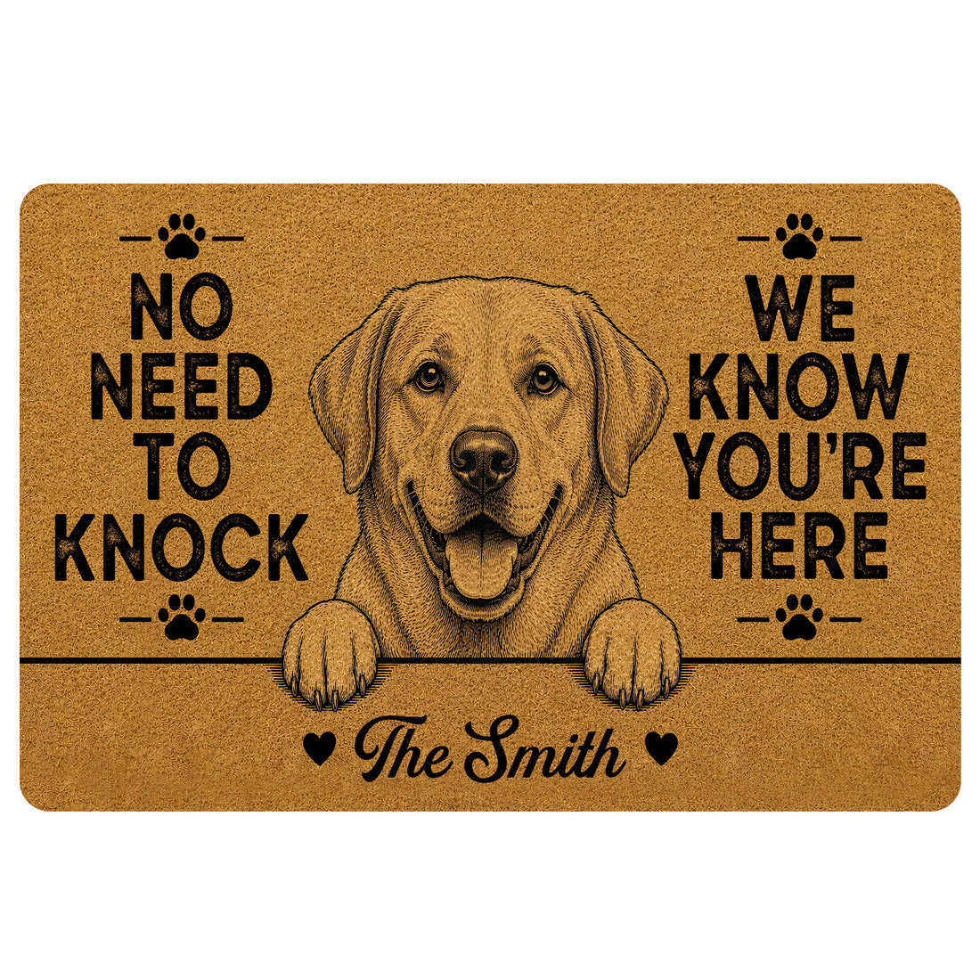 Labrador Retriever doormat with a friendly dog portrait, paw prints, warm tan artwork and playful welcome message