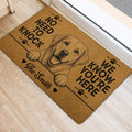 Labrador Retriever door mat styled at an indoor entrance with a cheerful dog illustration and paw prints