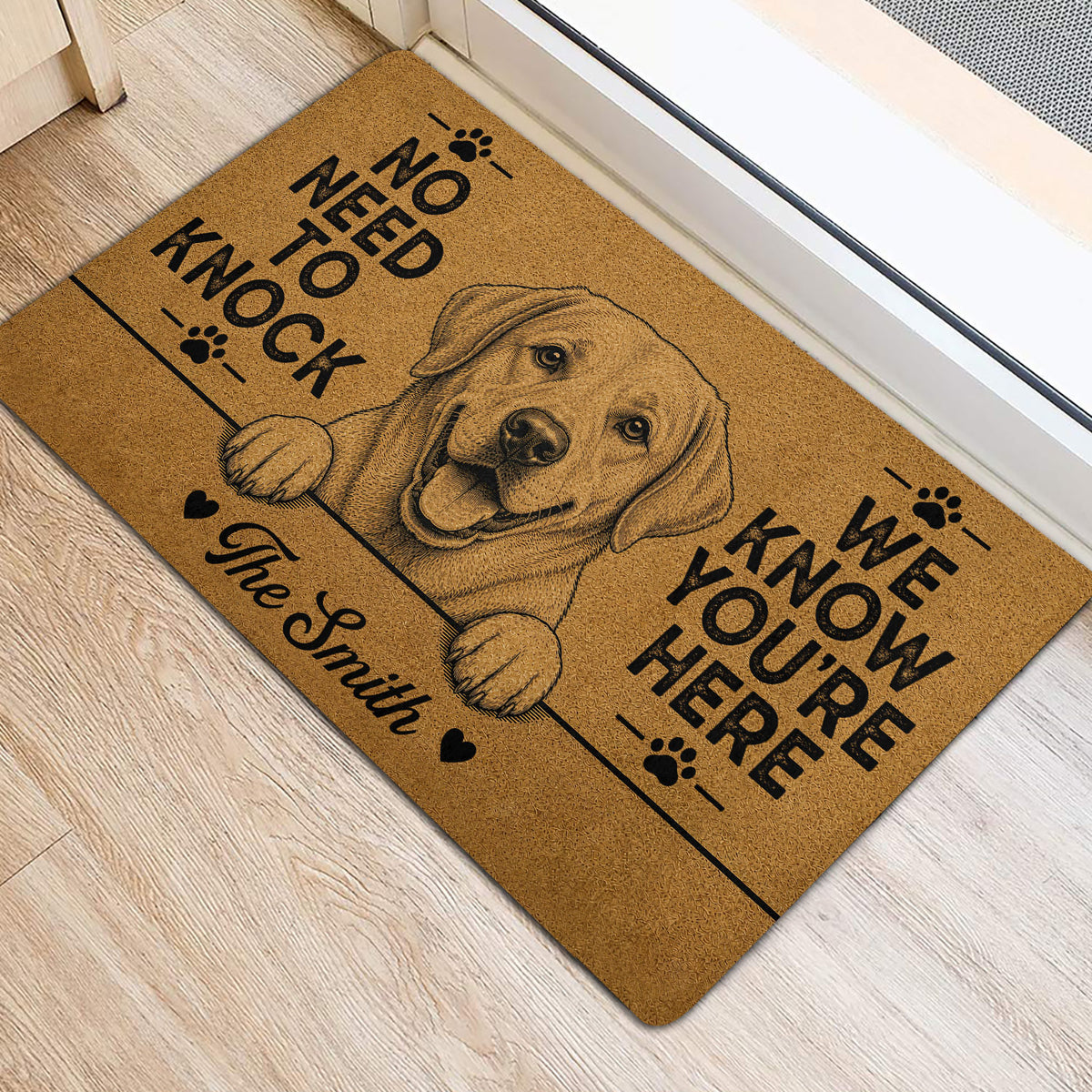 Labrador Retriever door mat styled at an indoor entrance with a cheerful dog illustration and paw prints
