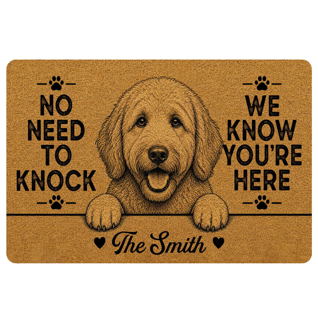 Goldendoodle doormat with a smiling dog portrait, paw prints, warm tan artwork and bold black welcome lettering