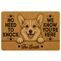 Golden corgi doormat with paw prints, playful welcome message and warm illustrated entryway design