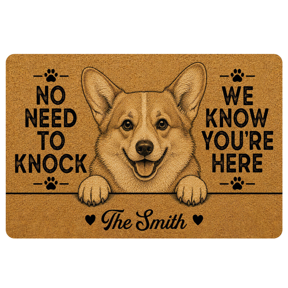 Golden corgi doormat with paw prints, playful welcome message and warm illustrated entryway design