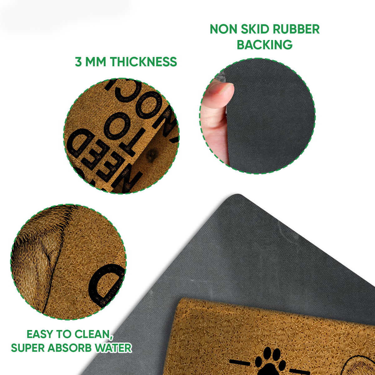 Corgi doormat detail showing the printed felt surface, rubber backing and rounded edge construction