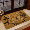 Corgi doormat staged near a glass entry door with a cheerful illustrated dog design