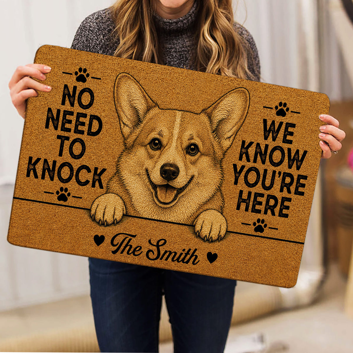 Person holding a golden corgi doormat featuring paw prints, a smiling dog and playful entryway artwork
