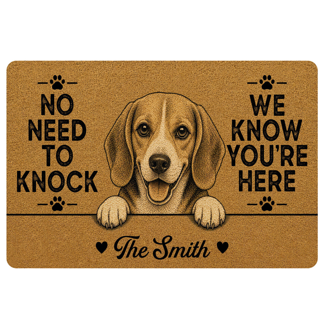 Brown beagle portrait doormat with paw prints and bold black welcome lettering