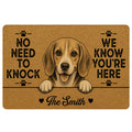 Brown beagle portrait doormat with paw prints and bold black welcome lettering