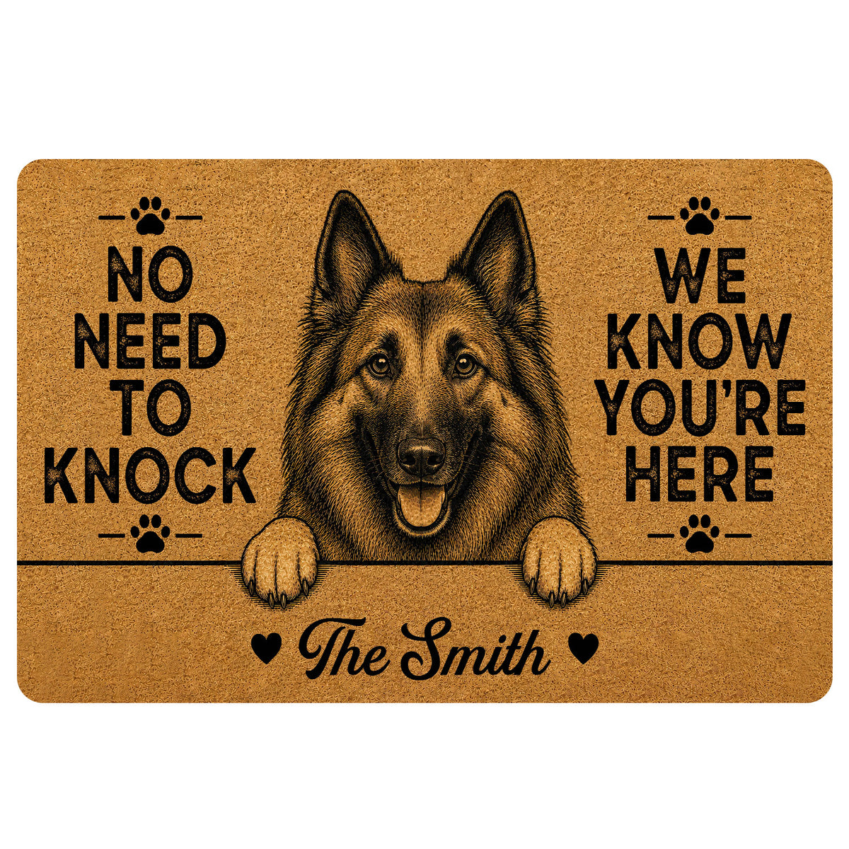 Custom family name doormat with detailed Belgian Shepherd dog illustration, upright pointed ears, friendly open mouth, tan coir-style background, paw prints and humorous No Need to Knock We Know You’re Here welcome quote.
